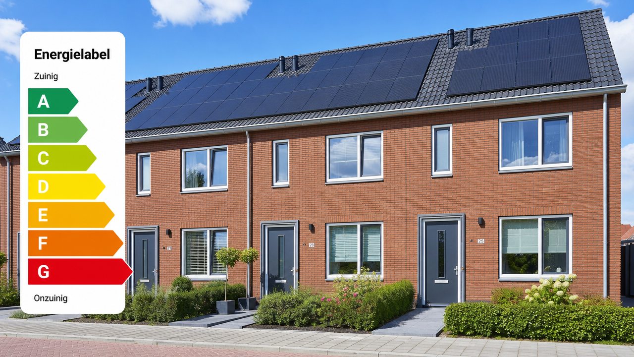 Een energiezuinige rijwoning met zonnepanelen, naast een energielabel-schaal van A tot G.